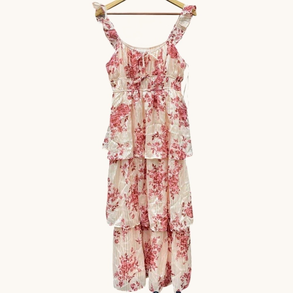 Altar'd State Floral Tiered Midi Dress Women's L Ivory Red Ruffle NWT